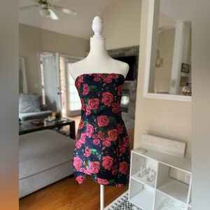 Lulu's Strapless Navy and Pink Floral Rose Mini Dress